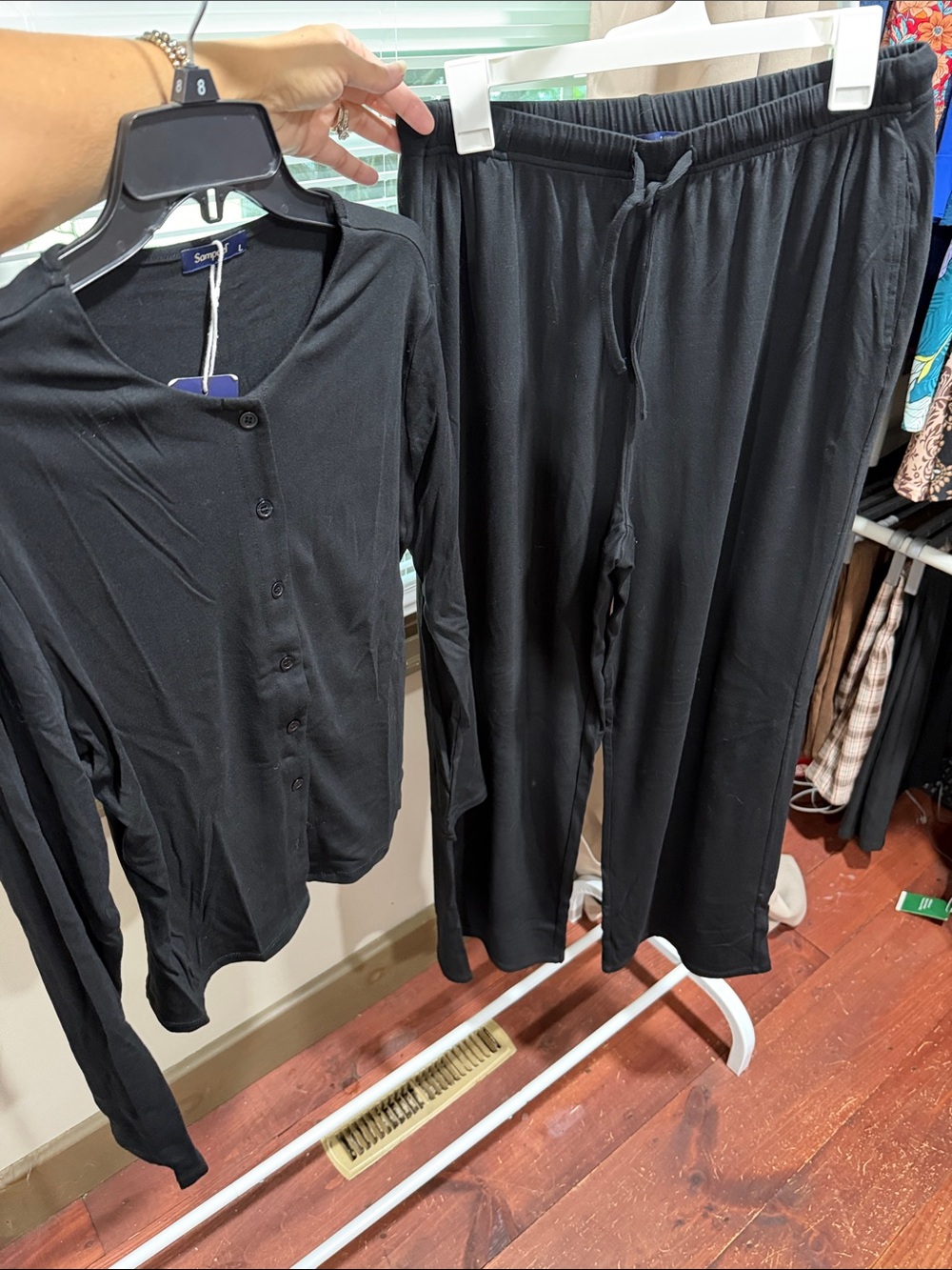 Black Women's Two-Piece Pajama Set - Button-Front Top & Drawstring Pants